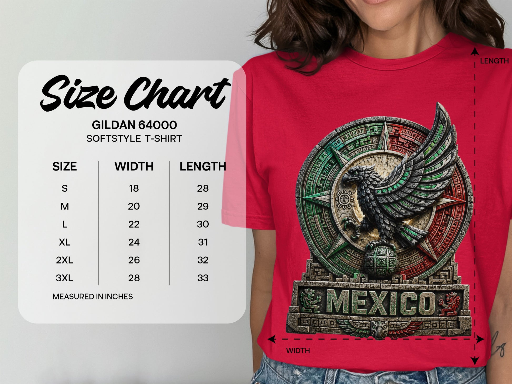 Gildan 64000 softstyle t-shirt size chart with measurements in inches.