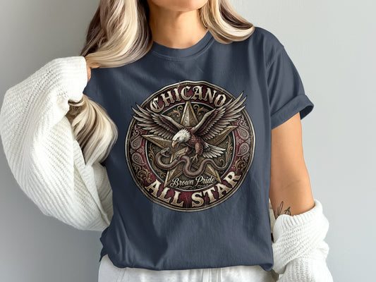 Chicano Brown Pride All Star eagle and snake graphic t-shirt.