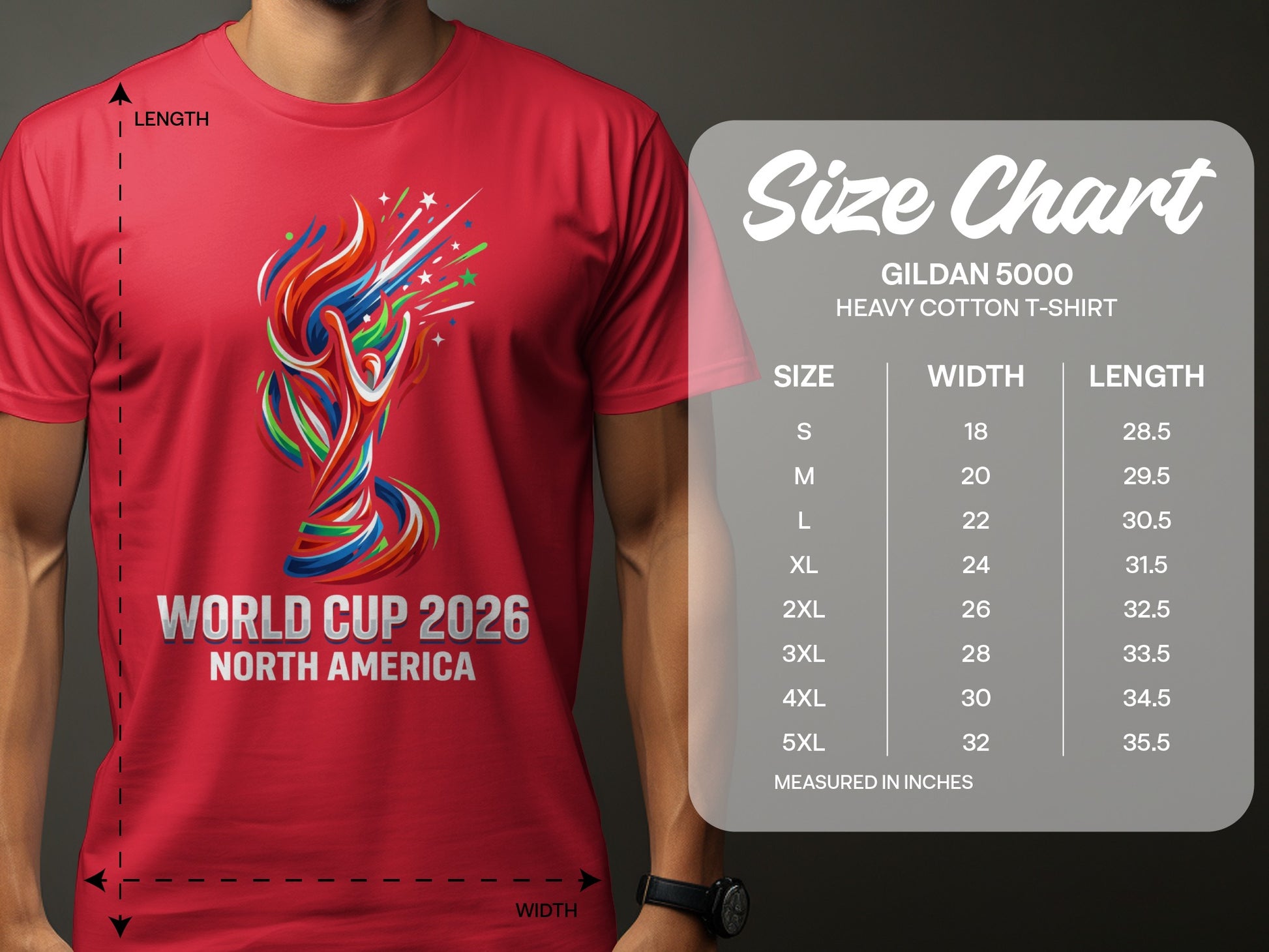 Red t-shirt with World Cup 2026 North America graphic and size chart.