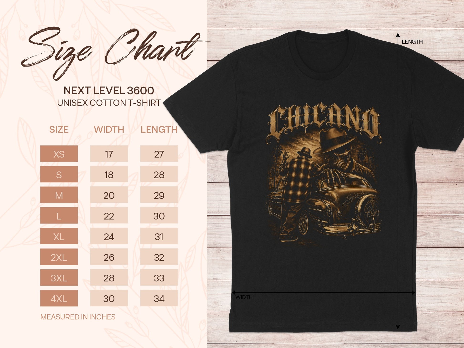 Size chart for Next Level 3600 unisex cotton t-shirt with measurements.