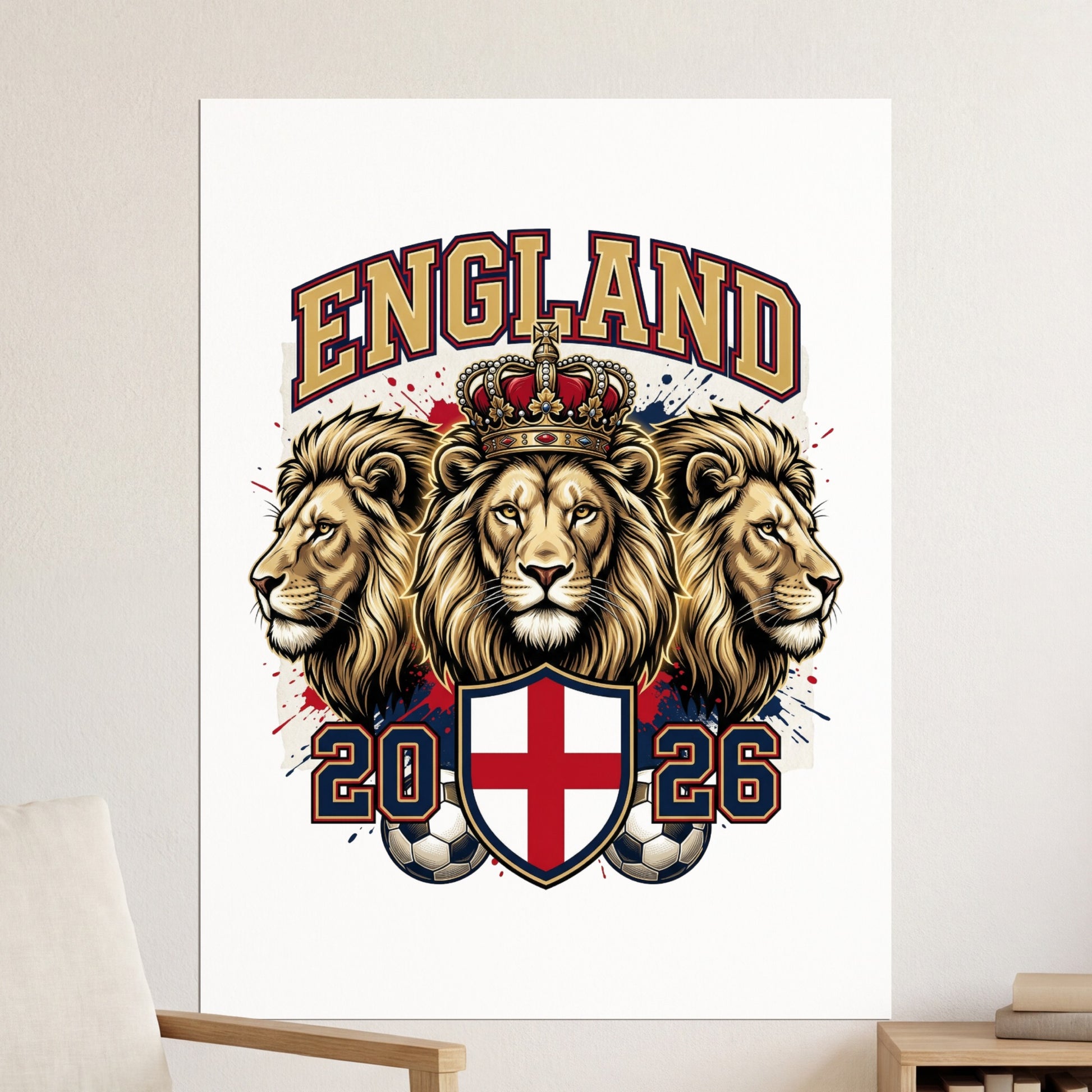 England crest with three lions, crown, and 2026 text.
