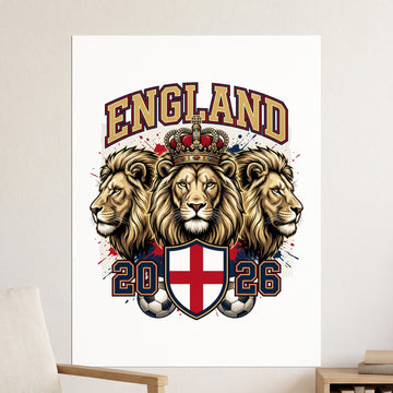 England crest with three lions, crown, and 2026 text.
