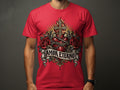 Red t-shirt with Sacred Heart, cross, roses, and 