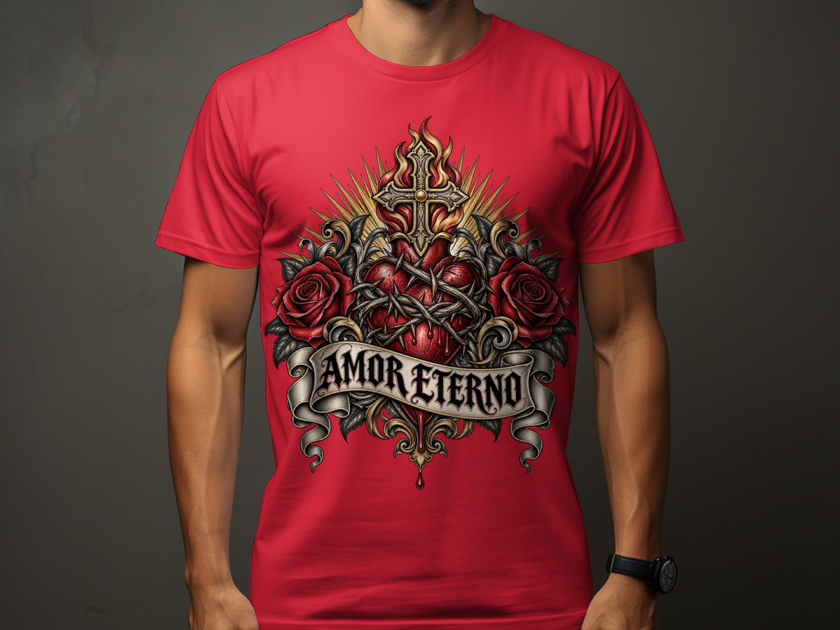 Red t-shirt with Sacred Heart, cross, roses, and "AMOR ETERNO" banner.