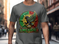 Gray t-shirt with a detailed golden eagle crest and 