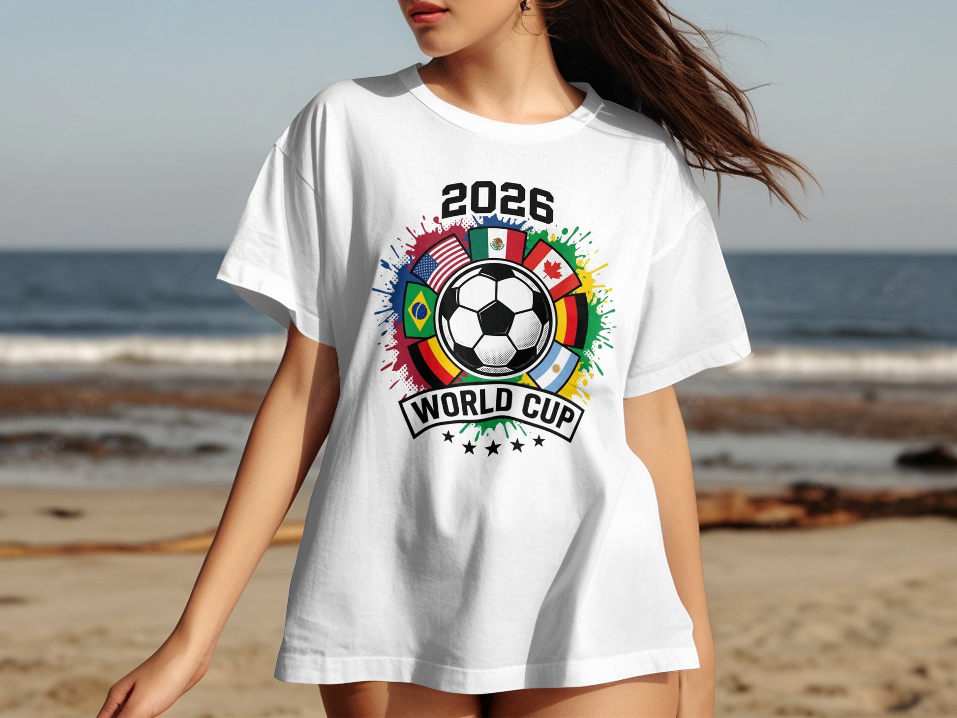 White t-shirt with "2026 World Cup" text, soccer ball, flags, and stars.