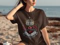 Brown t-shirt with sacred heart, cross, roses, and text 