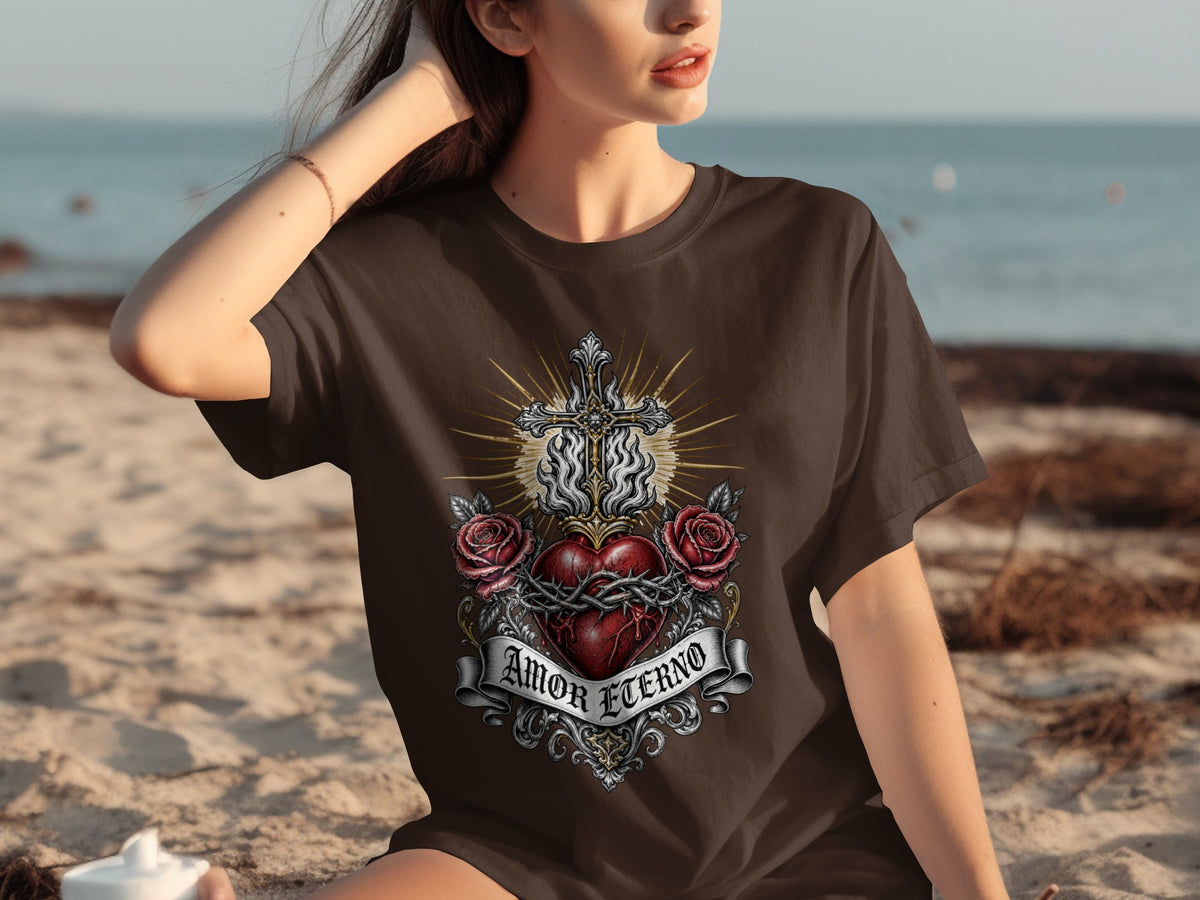 Brown t-shirt with sacred heart, cross, roses, and text "Amor Eterno" graphic.