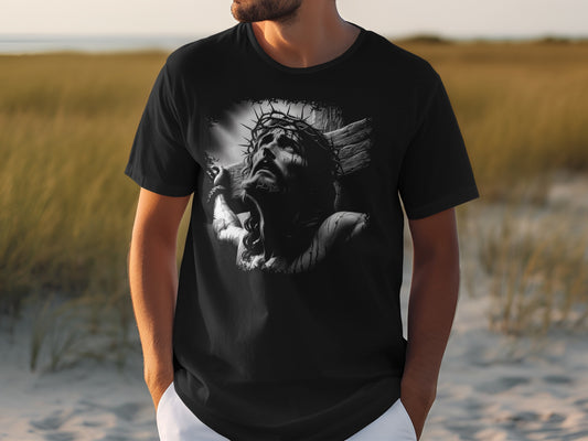Black t-shirt with realistic depiction of Jesus Christ on the cross.