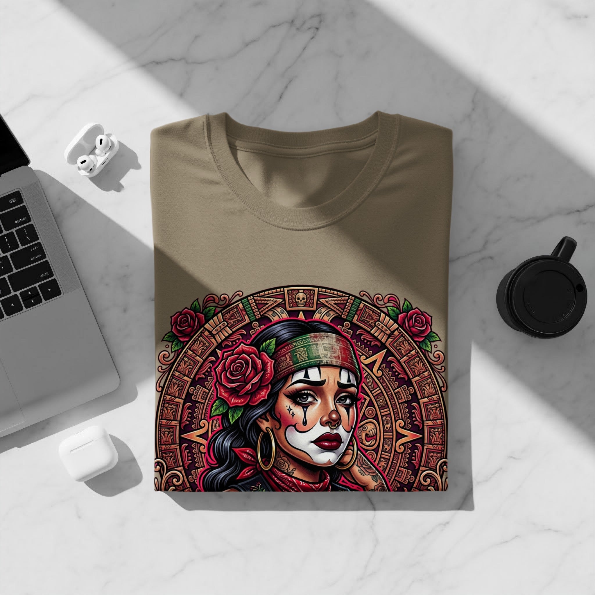 T-shirt featuring a stylized woman with Aztec-inspired makeup and headdress.