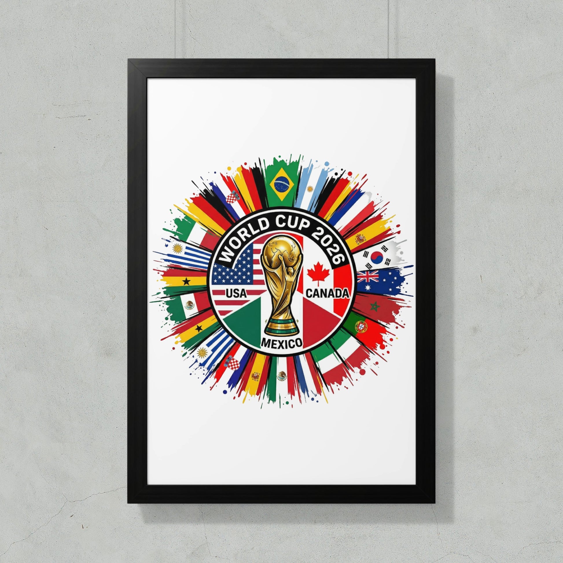 World Cup 2026 logo with USA, Canada, and Mexico flags in a circle.