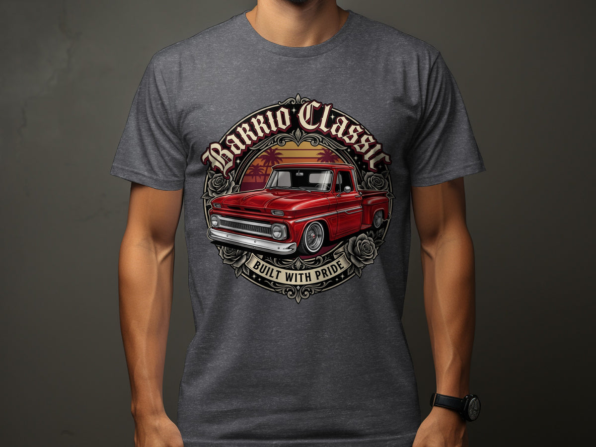 Red classic pickup truck graphic with text "Barrio Classic Built With Pride".