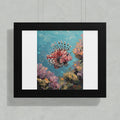 Oil painting of a red lionfish swimming among colorful coral reefs.