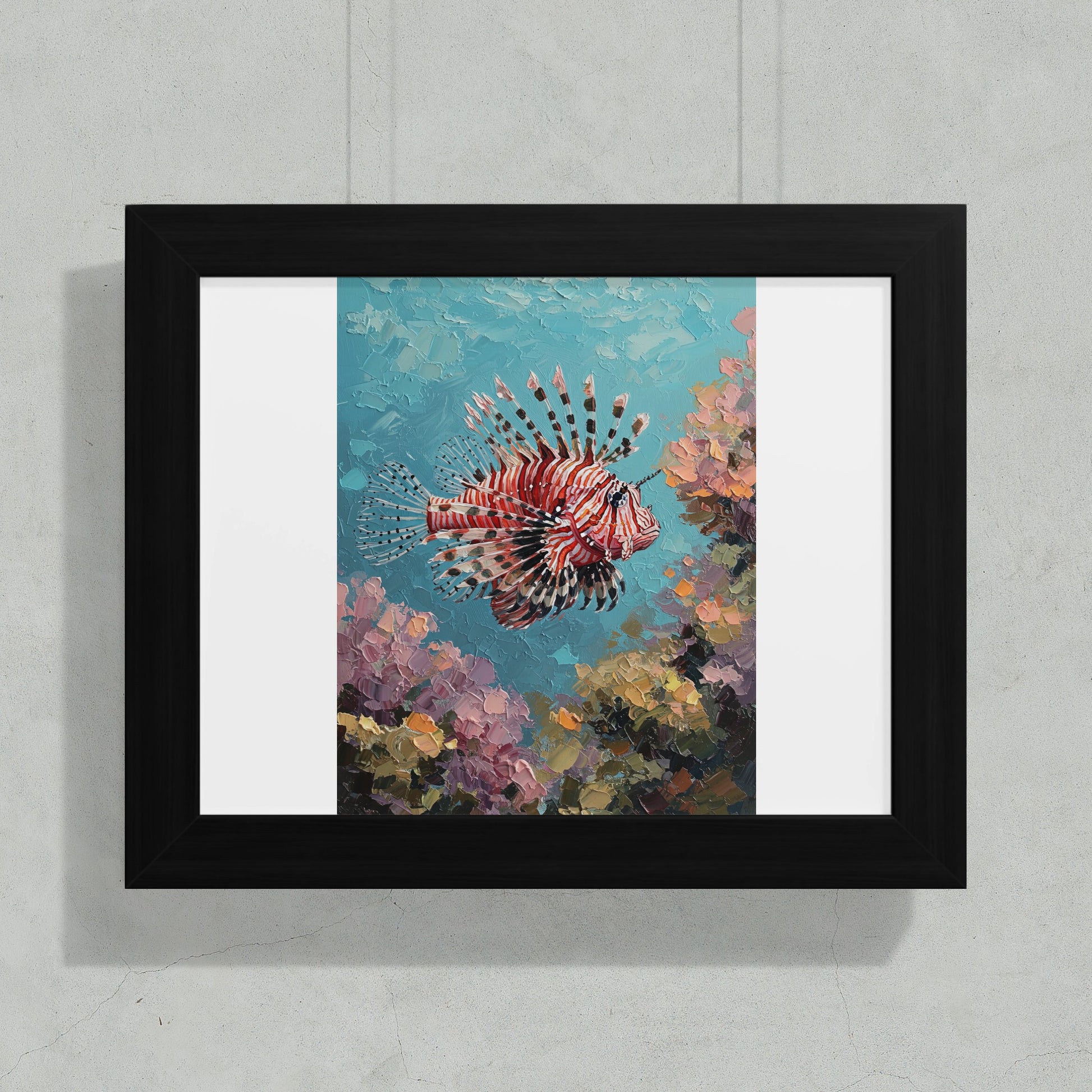 Oil painting of a red lionfish swimming among colorful coral reefs.