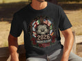 Black t-shirt with 2026 World Cup graphic featuring flags, soccer ball, and roses.