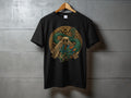 Black t-shirt featuring a colorful Aztec serpent god with a feathered headdress.