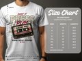 Gildan 5000 heavy cotton t-shirt size chart with cassette tape graphic.