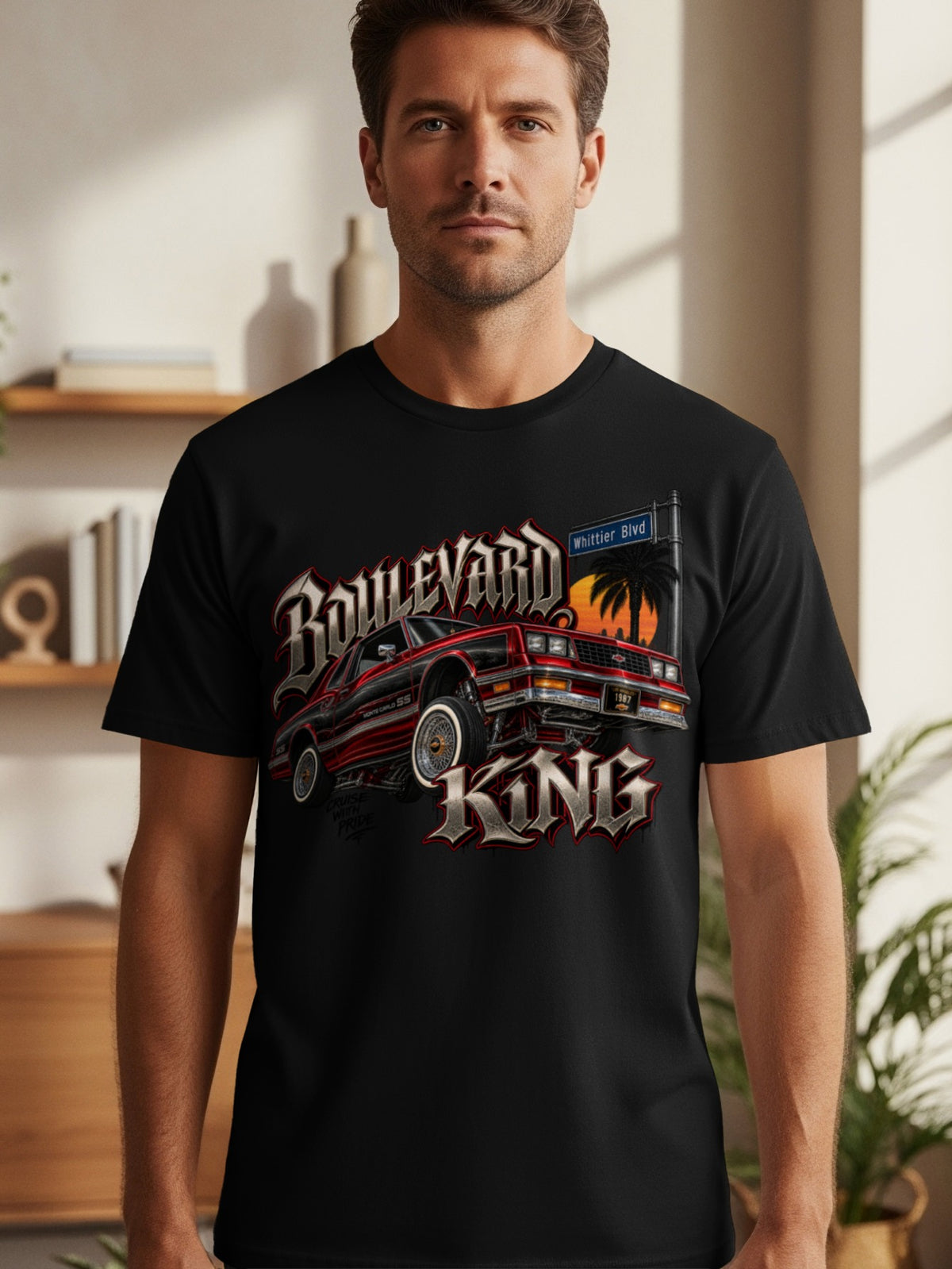 Black t-shirt with a red car graphic, "Boulevard King" text, and "Whittier Blvd" street sign.
