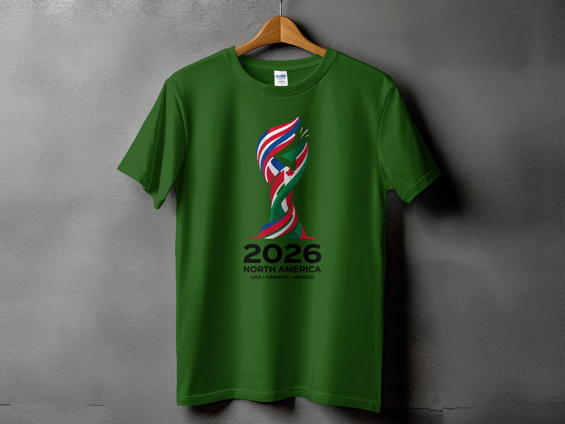 Green t-shirt with "2026 North America USA Canada Mexico" logo.