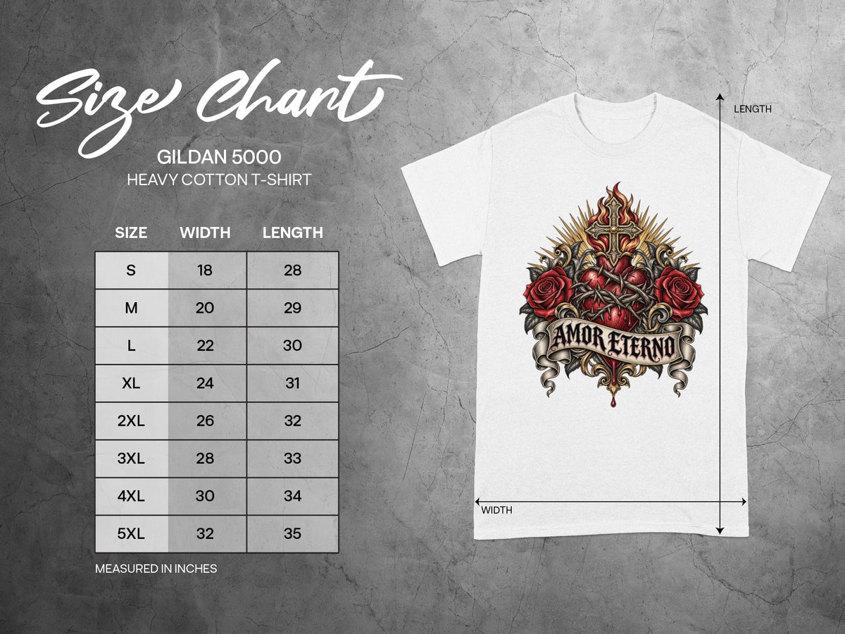 Gildan 5000 Heavy Cotton T-Shirt size chart with width and length measurements in inches.
