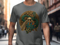 T-shirt with Aztec feathered serpent and pyramid design.