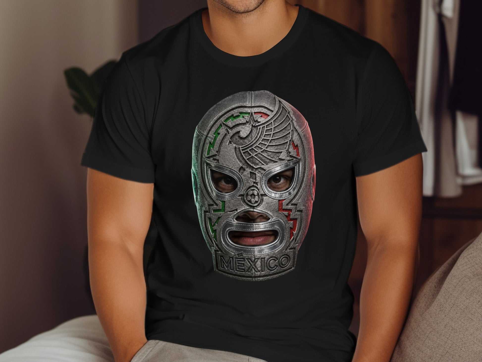 Luchador mask with "Mexico" text on a black t-shirt.
