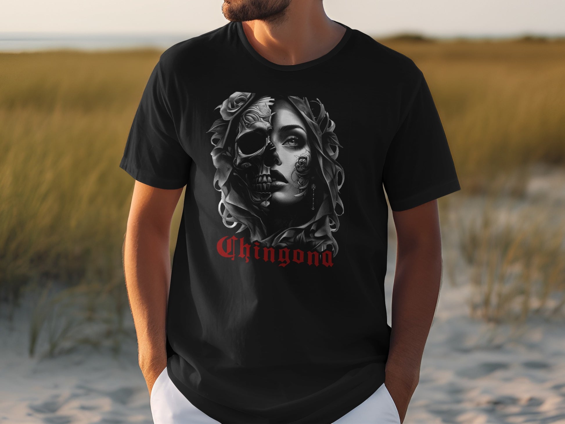 Black t-shirt featuring a skull merged with a woman's face and "Chingona" text.