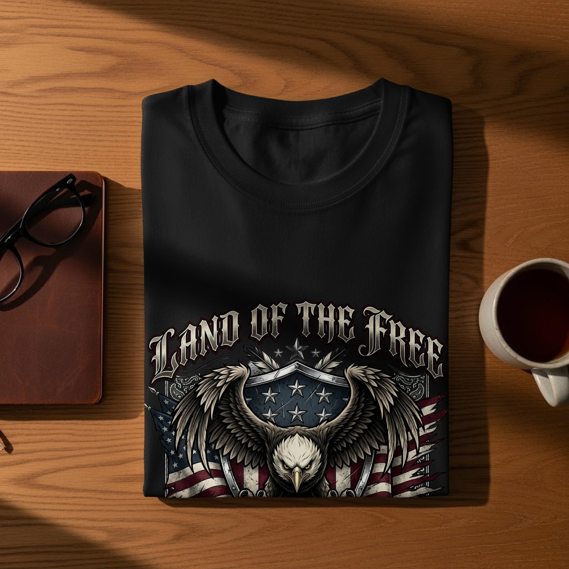 Black t-shirt with "Land of the Free" text and eagle crest.