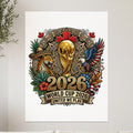 2026 World Cup logo with trophy, eagle, jaguar, and Canadian and US flags.