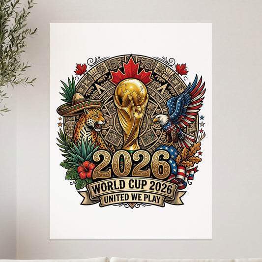 2026 World Cup logo with trophy, eagle, jaguar, and Canadian and US flags.