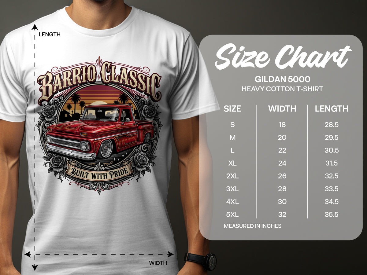 Size chart for Gildan 5000 Heavy Cotton T-Shirt with measurements.