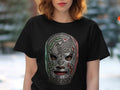 Black t-shirt featuring a detailed silver and green Mexican wrestling mask.