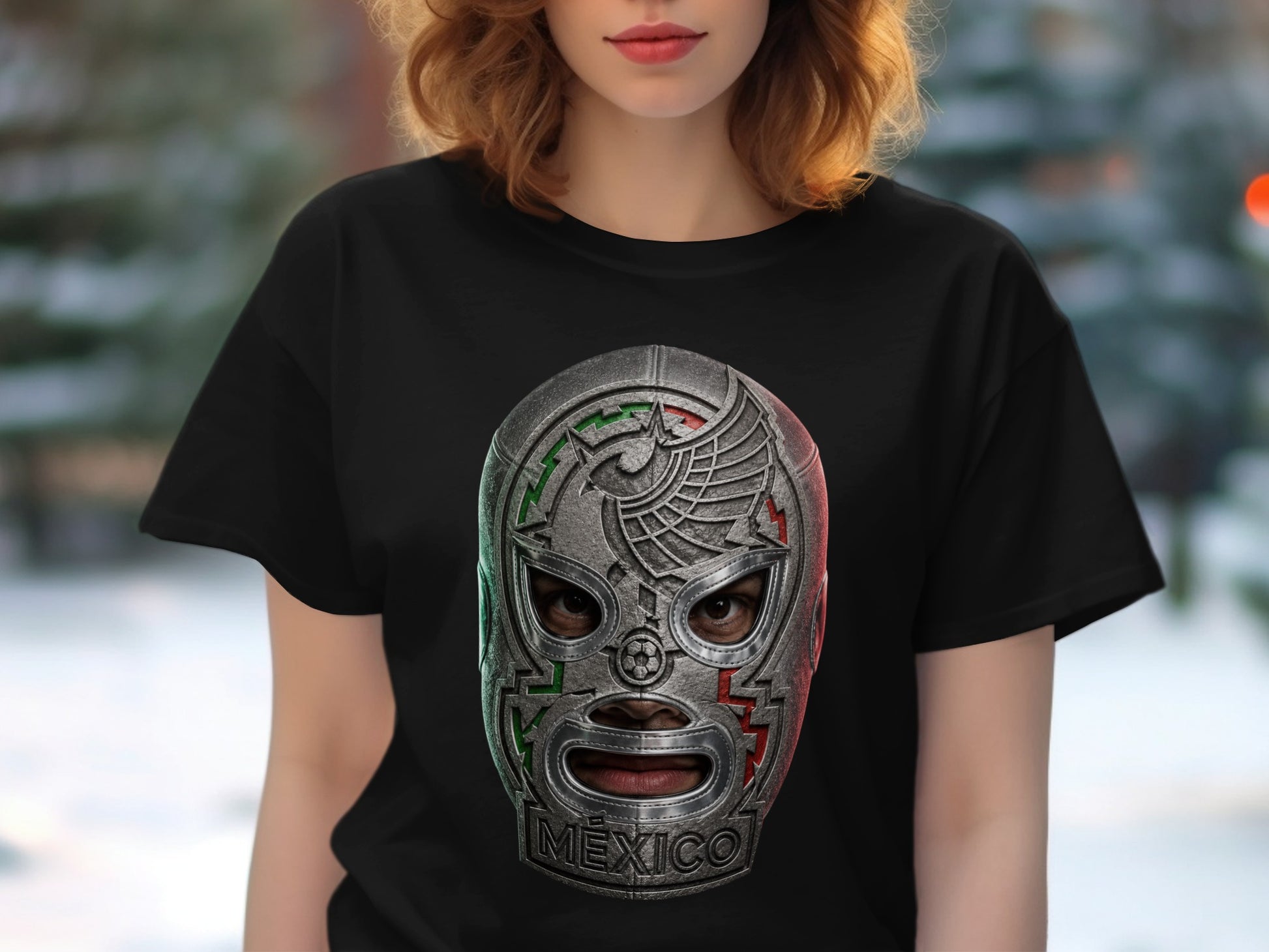 Black t-shirt featuring a detailed silver and green Mexican wrestling mask.