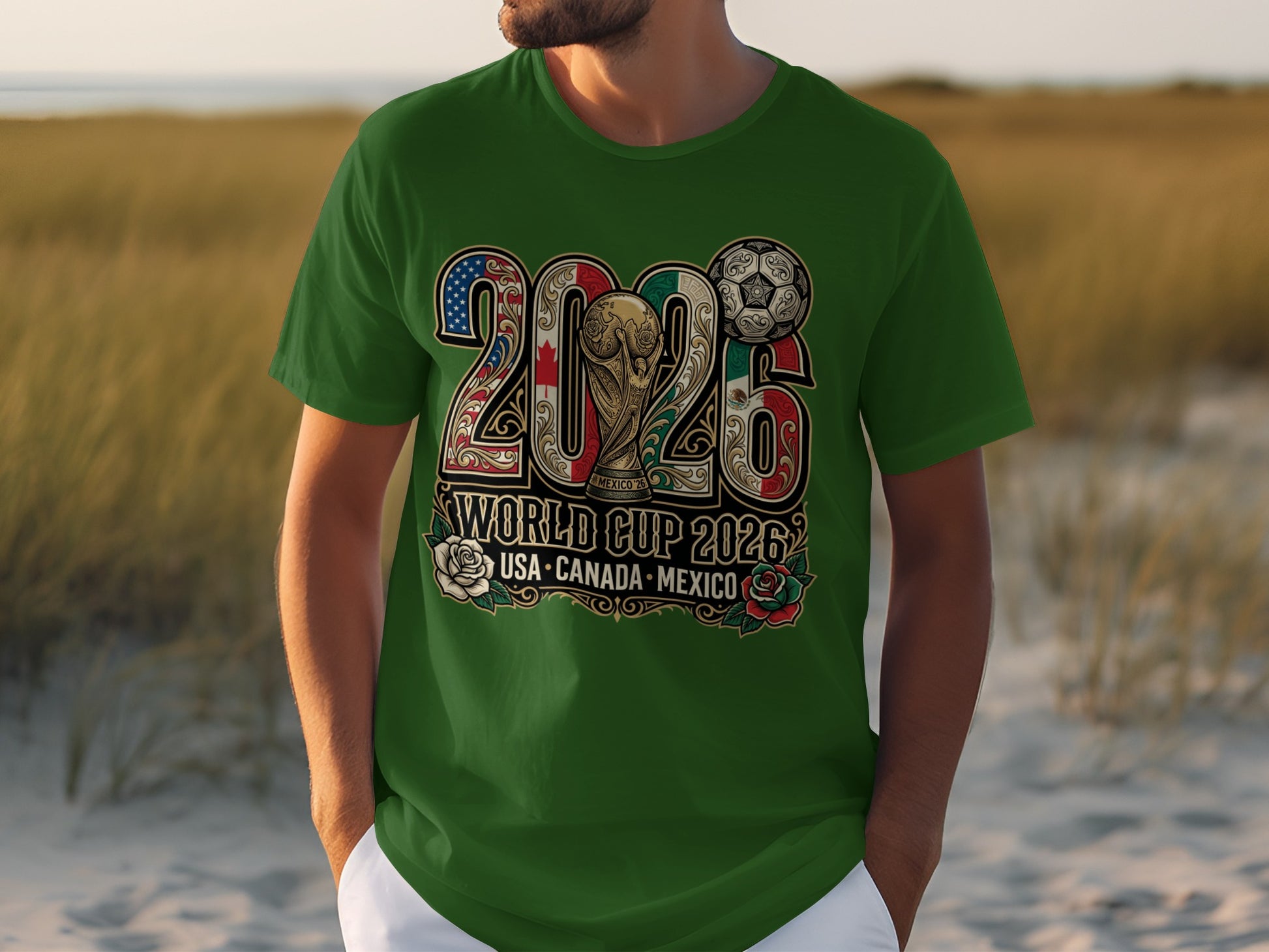 Green t-shirt with "2026 World Cup USA Canada Mexico" and trophy graphic.
