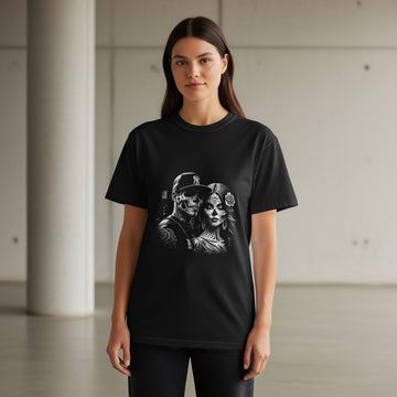 Black t-shirt featuring a black and white graphic of a couple with sugar skull makeup.
