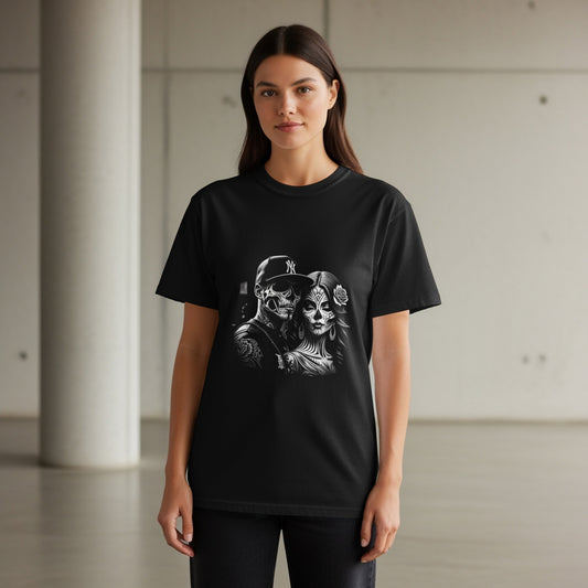 Black t-shirt featuring a black and white graphic of a couple with sugar skull makeup.