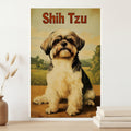 Shih Tzu dog sitting on wooden surface with scenic background.