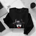 Black crewneck sweatshirt with a stylized portrait of a woman in a fedora and red rose.