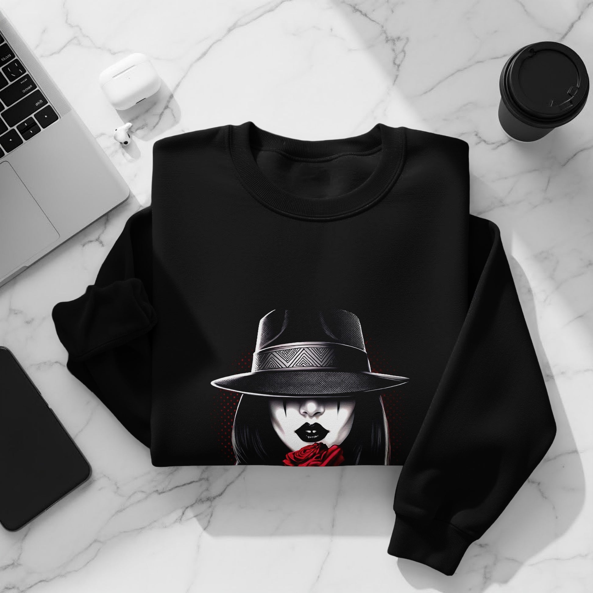 Black crewneck sweatshirt with a stylized portrait of a woman in a fedora and red rose.