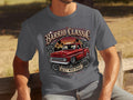 Barrio Classic red pickup truck with palm trees and sunset, 