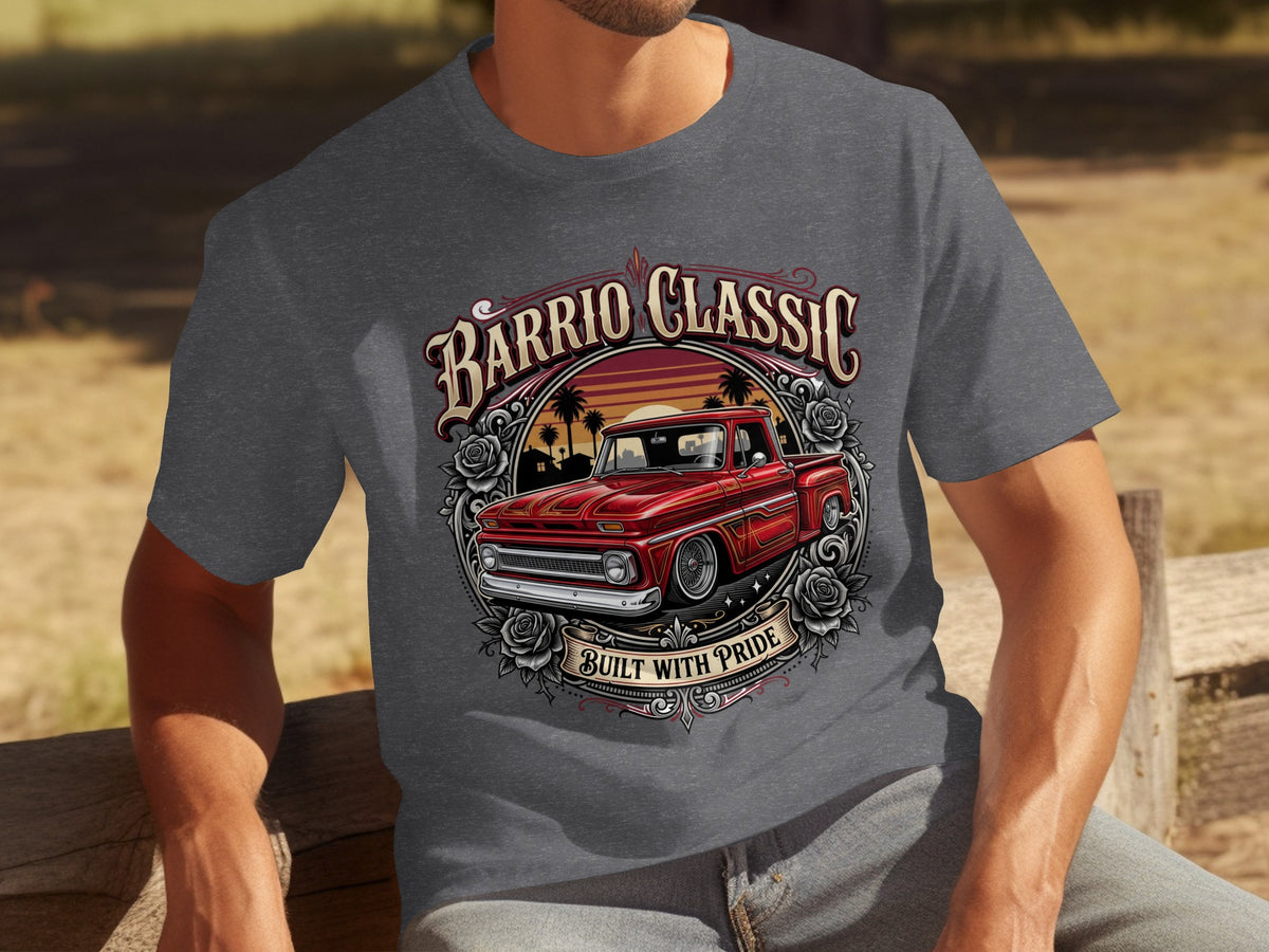 Barrio Classic red pickup truck with palm trees and sunset, "Built With Pride" banner.