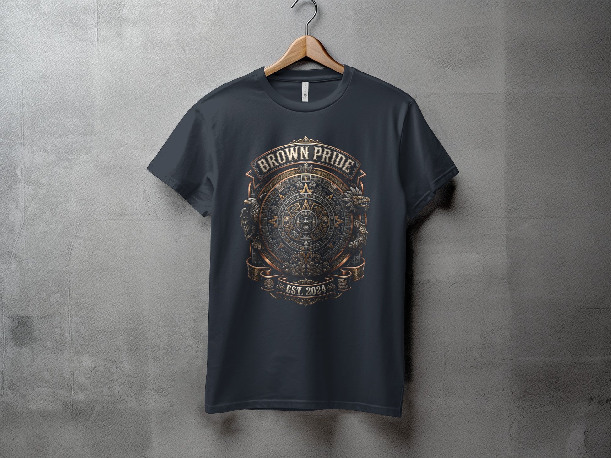 Dark grey t-shirt with a circular brown and gold "Brown Pride EST. 2024" graphic.