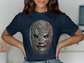 Navy t-shirt with a detailed wrestling mask featuring Mexican flag colors and 