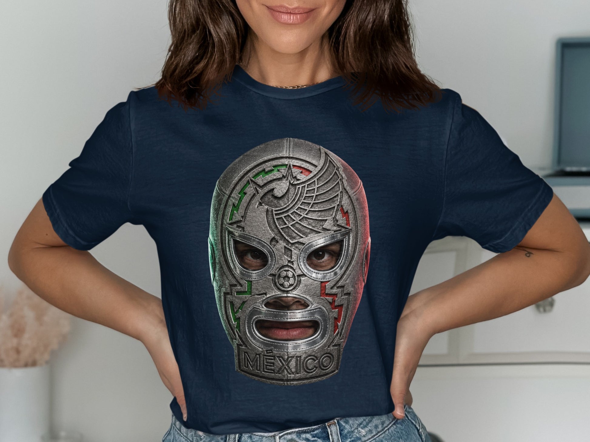 Navy t-shirt with a detailed wrestling mask featuring Mexican flag colors and "Mexico" text.