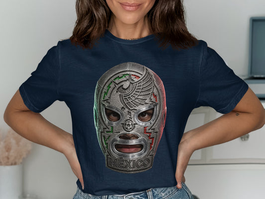 Navy t-shirt with a detailed wrestling mask featuring Mexican flag colors and "Mexico" text.