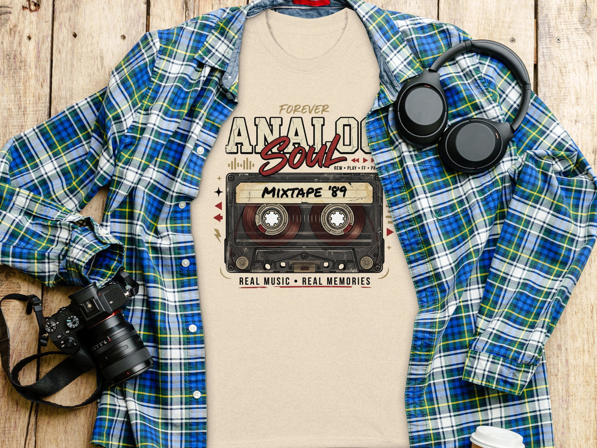 Tan t-shirt with "Forever Analog Soul" graphic and cassette tape.