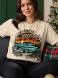 Aztlán Cruisin' design with a teal lowrider truck, sunset, and roses.
