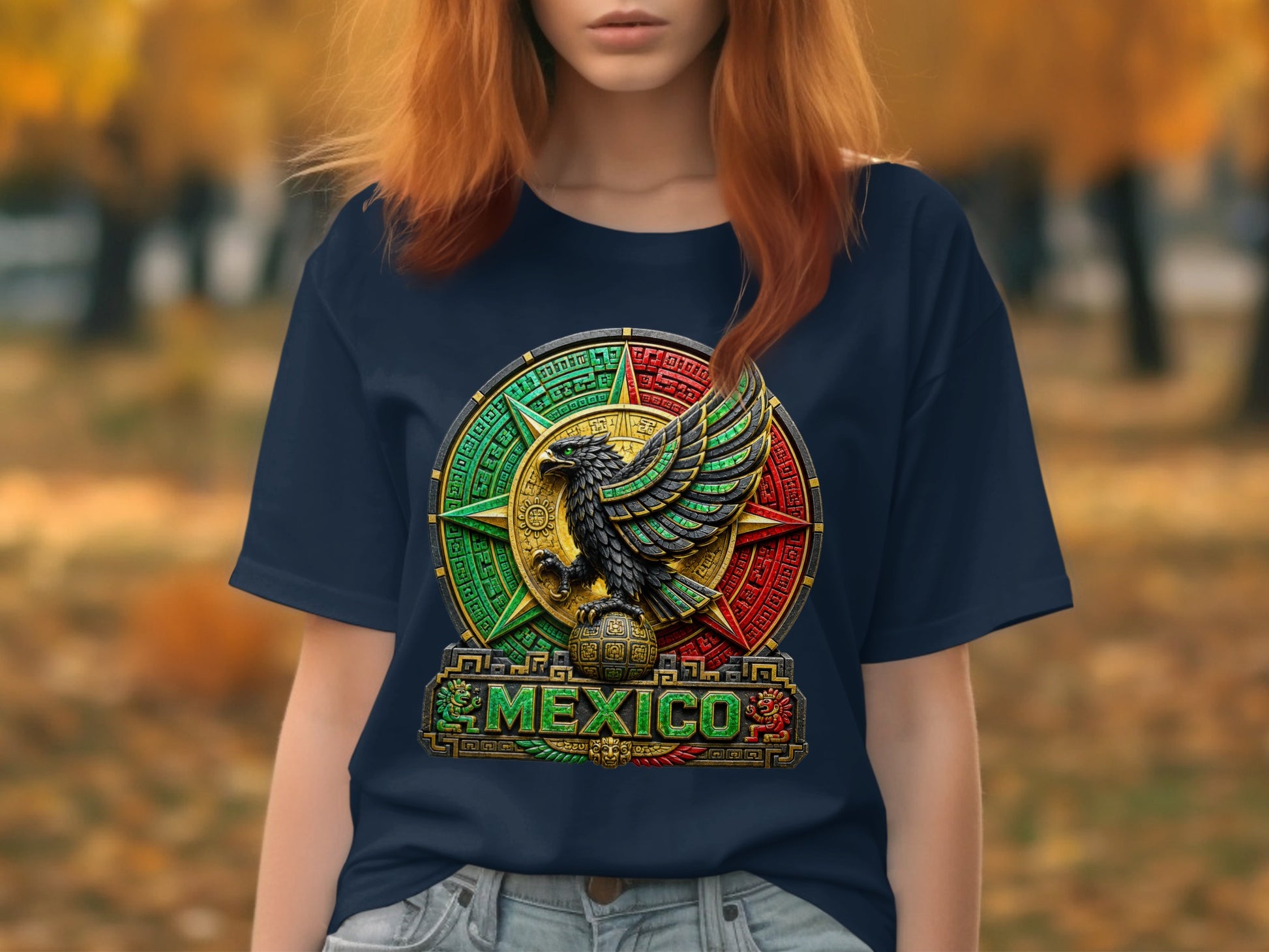 Navy t-shirt with colorful Mexican eagle and "MEXICO" text emblem.