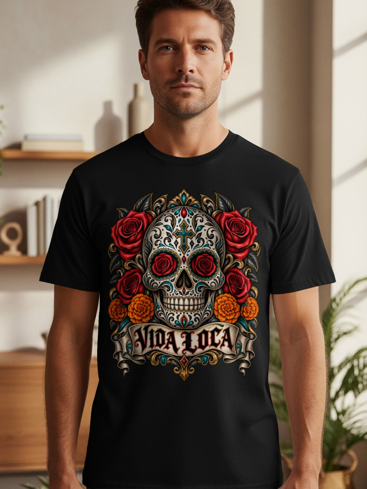 Black t-shirt with a Day of the Dead skull design and "Vida Loca" text.