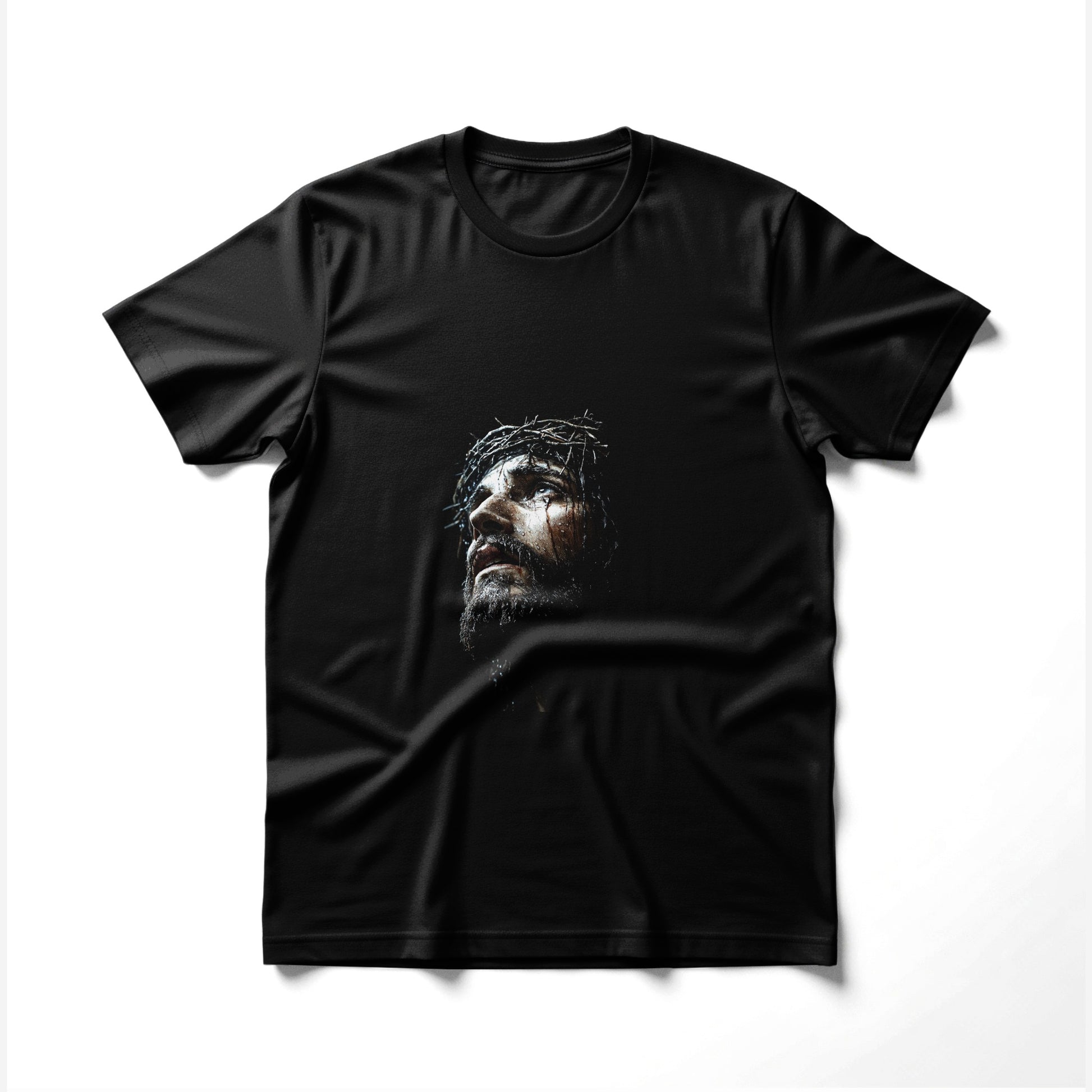 Black t-shirt with realistic portrait of Jesus wearing a crown of thorns.